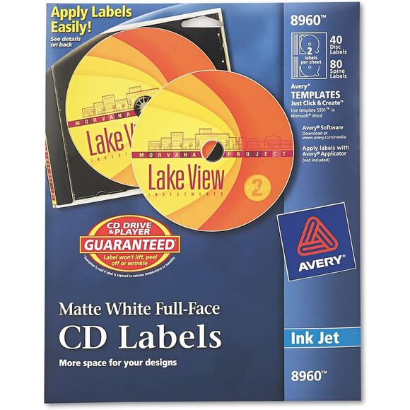Avery Inkjet Full-Face CD Labels Matte White 40/Pk 8960 - Picture 1 of 2